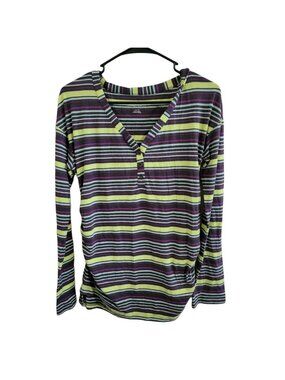 Liz Lange Maternity Top Size XS Purple Yellow Striped Long Sleeve V-Neck Shirt